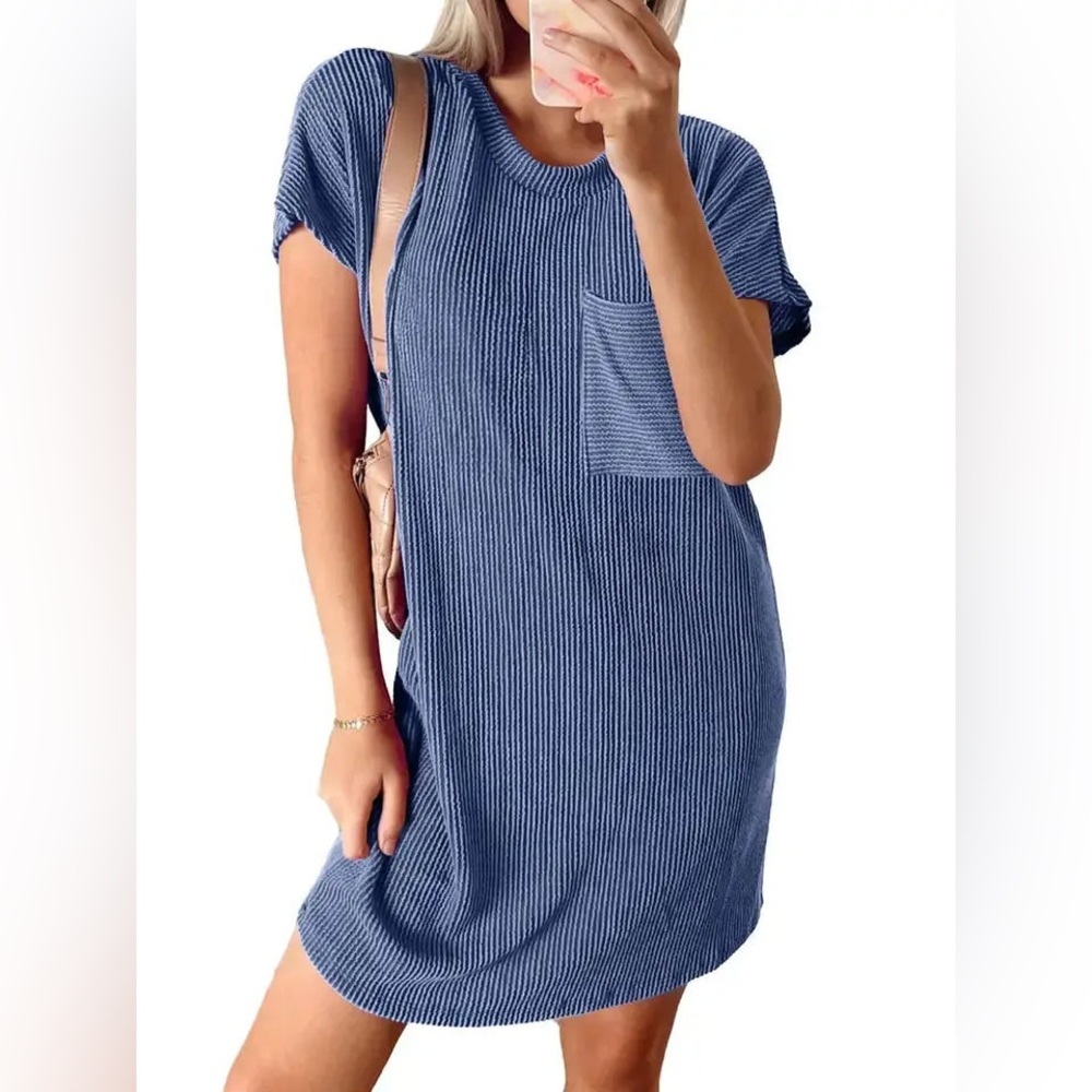 Lovesoft Royal Blue Summer Casual Short-Sleeve T-Shirt Dress with Pockets